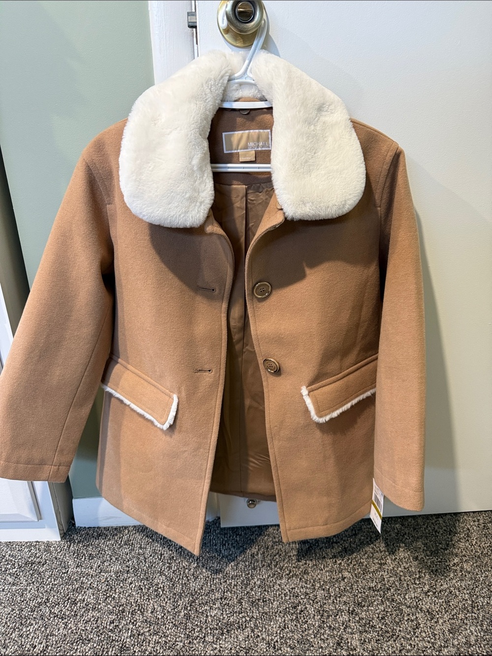 Michael Kors Girls Camel Coat with Cream Faux-Shearling Collar